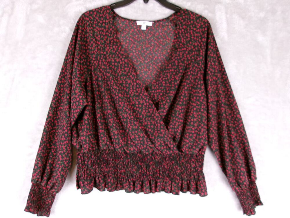 BP Nordstrom 2X Black Red Floral Smocked Peplum Faux Wrap Blouse